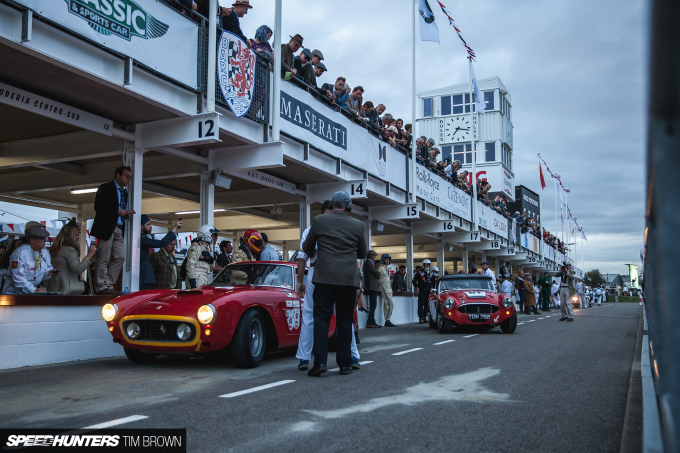 A Ferrari 250 GTO SWB and Austin Healey 3000 Mk1 in the pits for a driver change. Taken by Tim Brown for Goodwood